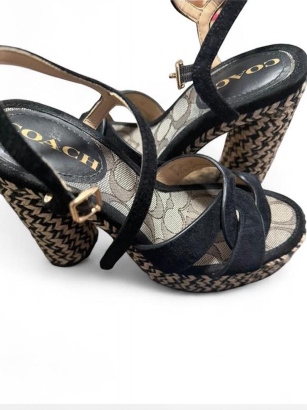Coach Talina platform sandals, black suede upper, woven espadrille-style heel. 6